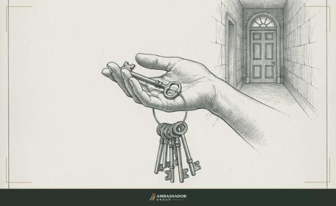 Antique engraving illustration. A single key on a ring with five others, held away from the ring in an open palm, a closed door at the end of a hallway visible in the background.
