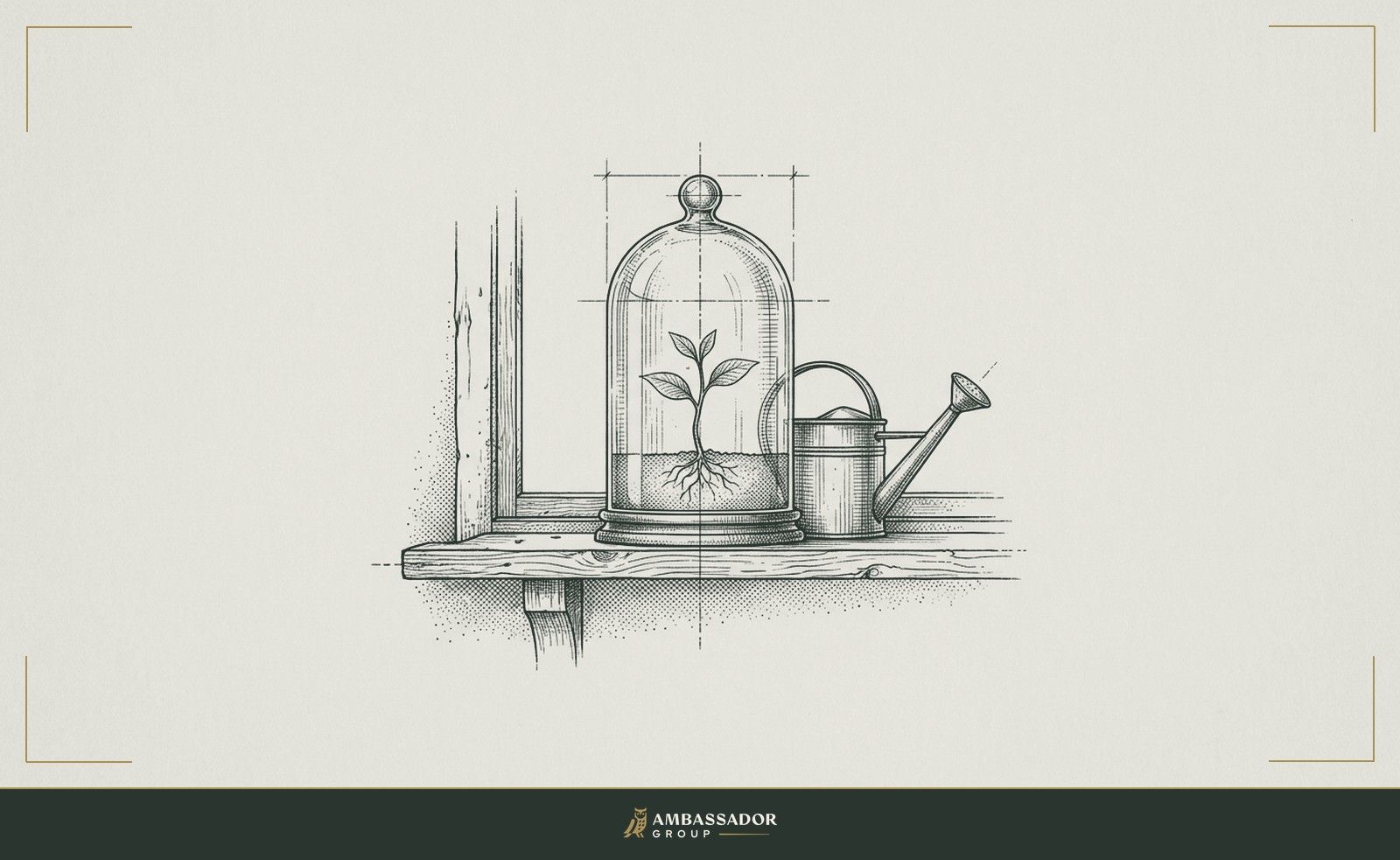 Antique engraving illustration. A single potted seedling on a windowsill, roots visible through glass, well-tended with a watering can resting nearby on its own.