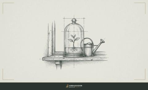 Antique engraving illustration. A single potted seedling on a windowsill, roots visible through glass, well-tended with a watering can resting nearby on its own.