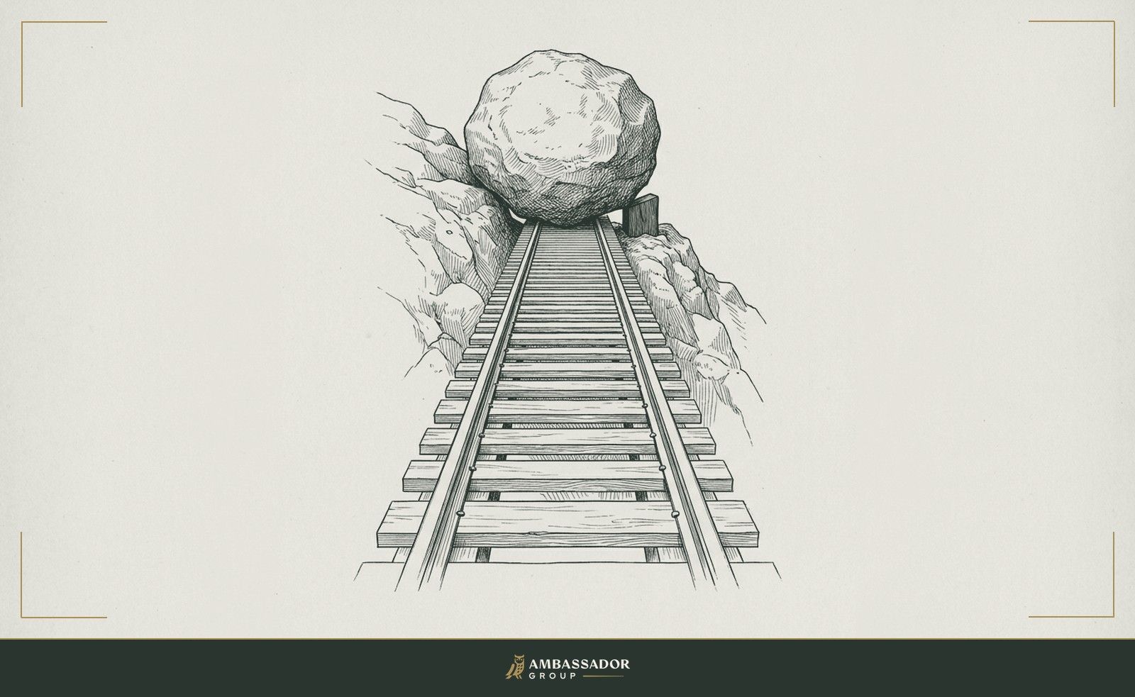 Antique engraving illustration. A boulder resting at the top of a steep inclined track, a small wedge the only thing holding it from rolling, the path clear below.