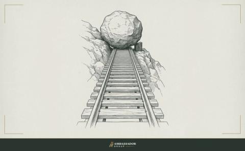 Antique engraving illustration. A boulder resting at the top of a steep inclined track, a small wedge the only thing holding it from rolling, the path clear below.