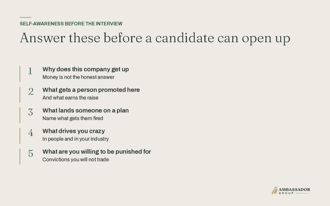 Answer these before a candidate can open up
