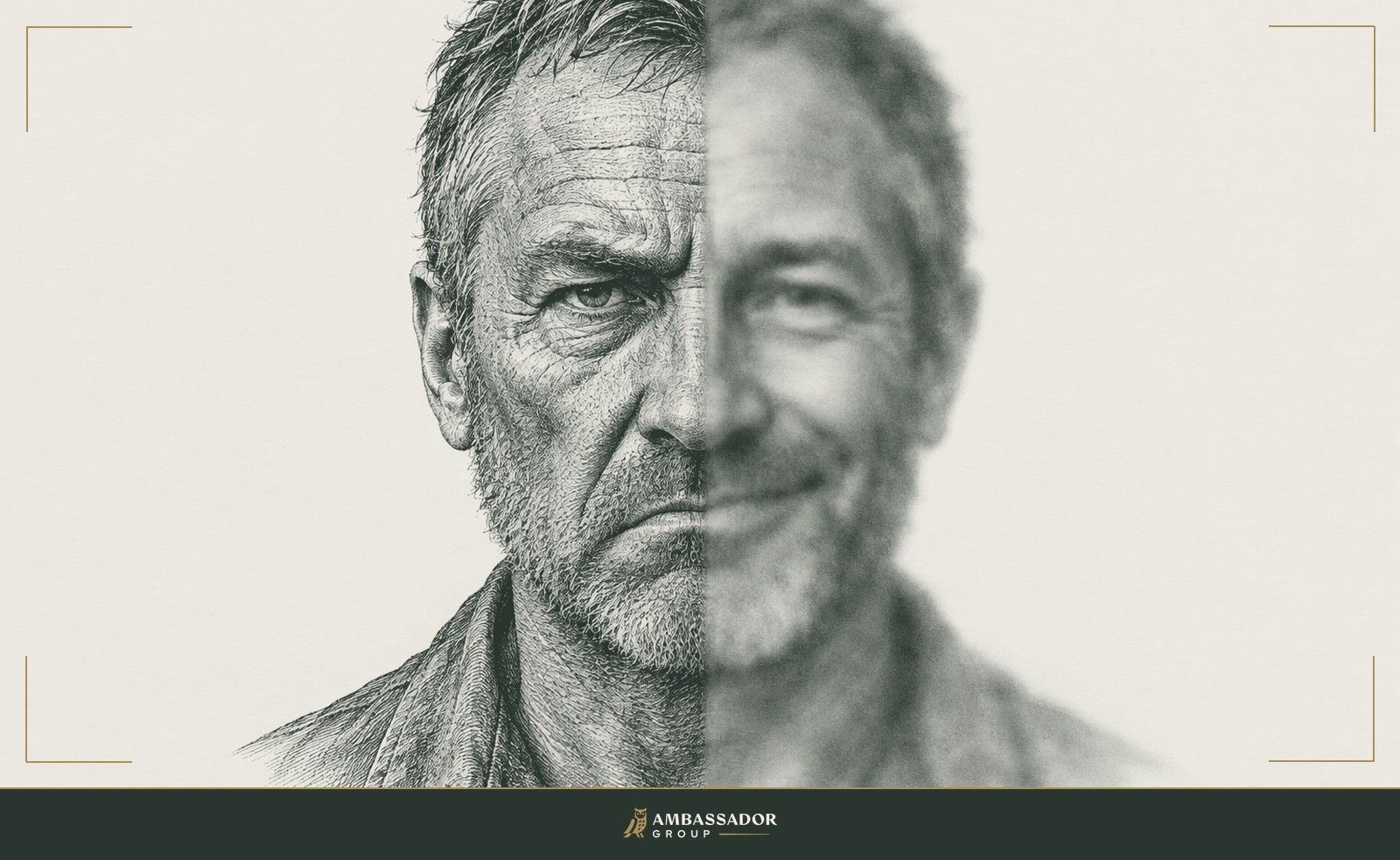 Antique engraving illustration of a grizzled man's face split down the middle: the left half sharp and detailed with a frown, the right half blurred and smiling.