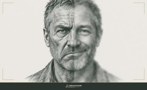 Antique engraving illustration of a grizzled man's face split down the middle: the left half sharp and detailed with a frown, the right half blurred and smiling.
