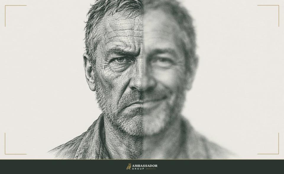 Antique engraving illustration of a grizzled man's face split down the middle: the left half sharp and detailed with a frown, the right half blurred and smiling.
