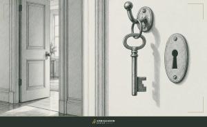 Antique engraving illustration. A key hanging on a hook beside a keyhole that does not match its profile, the correct door left ajar in the background.