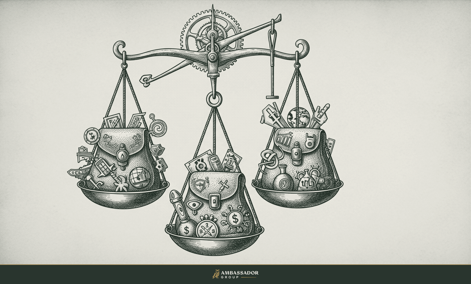 Antique engraving illustration. Three distinct weighted satchels of different sizes hanging from a balance scale, three separate kinds of risk being weighed.