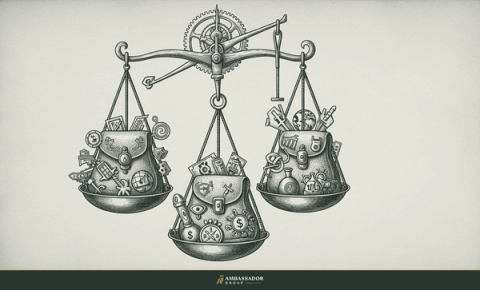 Antique engraving illustration. Three distinct weighted satchels of different sizes hanging from a balance scale, three separate kinds of risk being weighed.