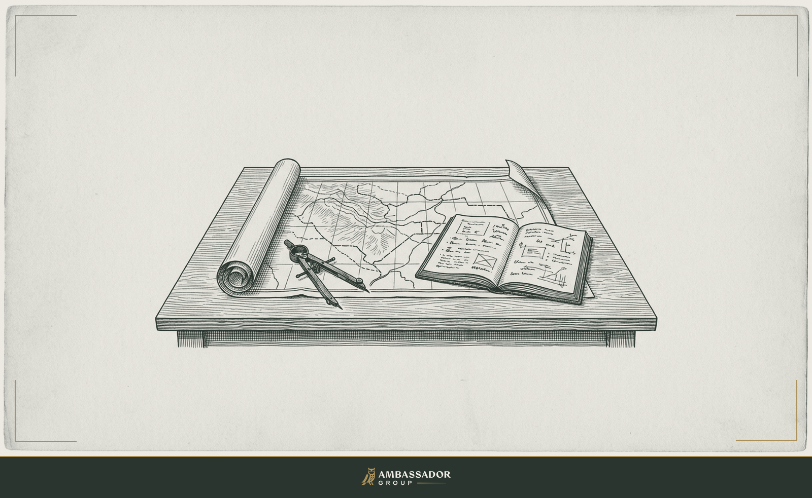 Engraving of a desk laid out with a map, compass and preparation notebook, a candidate's interview-prep still life.