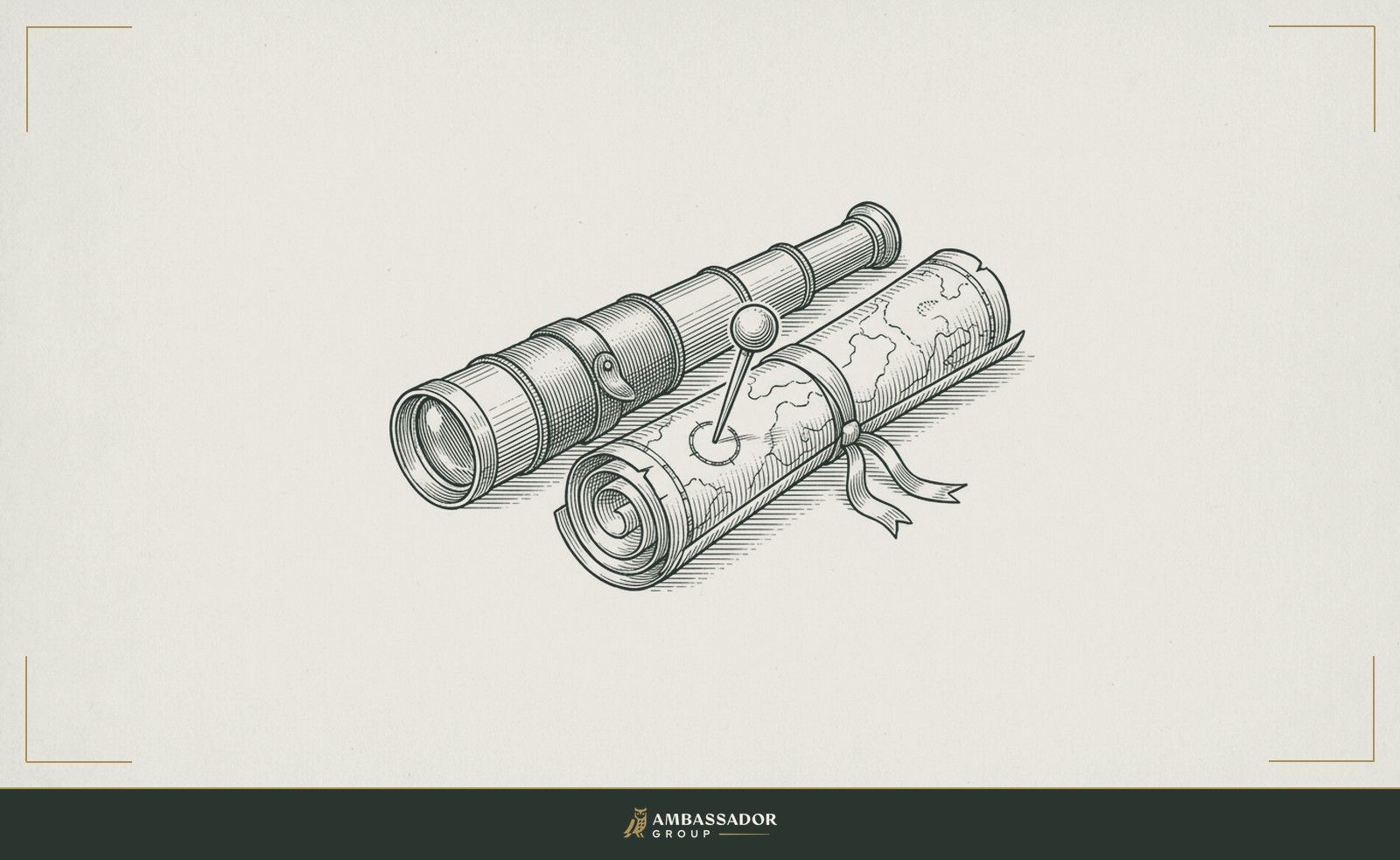 Antique engraving illustration. A general's field telescope collapsed and resting alongside a rolled campaign map, a strategic pin marking a single position.