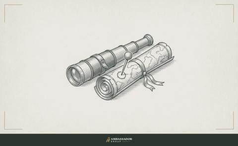 Antique engraving illustration. A general's field telescope collapsed and resting alongside a rolled campaign map, a strategic pin marking a single position.