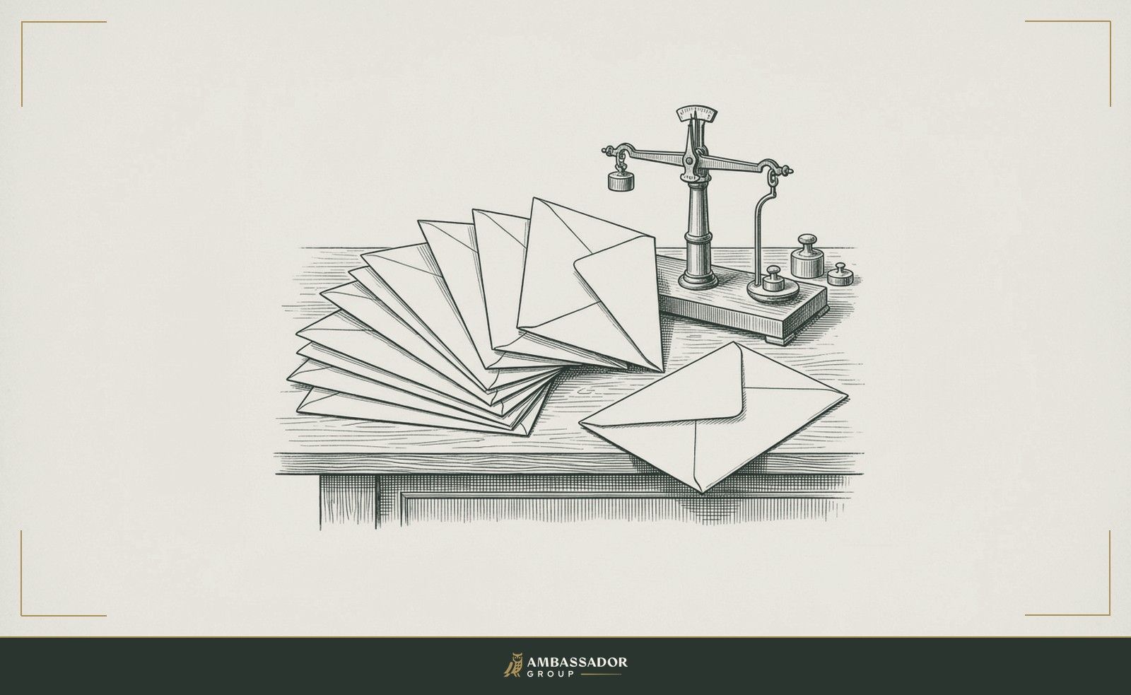 Antique engraving illustration. Blank folded letters fanned across a desk beside a brass letter balance and its weights.