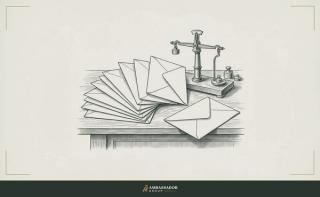 Antique engraving illustration. Blank folded letters fanned across a desk beside a brass letter balance and its weights.