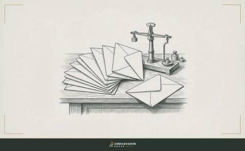 Antique engraving illustration. Blank folded letters fanned across a desk beside a brass letter balance and its weights.