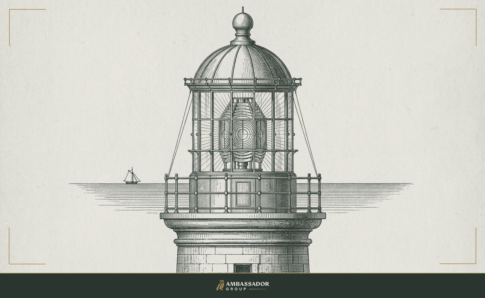 Antique engraving illustration. A lighthouse lamp room seen from outside, its Fresnel lens glowing steadily inward, a small vessel visible on the distant water.