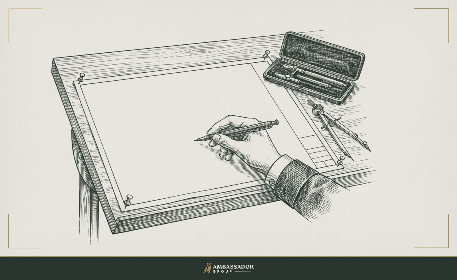 Antique engraving illustration. An architect's desk with a blank plan pinned flat, a ruling pen set aside, and a client's hand gripping the pencil, the decision-maker holding the instrument, not the advisor.