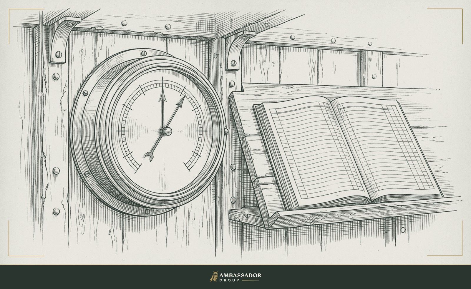 Antique engraving illustration. A ship's barometer mounted in a storm-facing bulkhead, its needle in the steady range, the open logbook beside it recording the exact minute composure was maintained.
