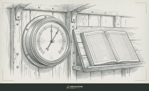 Antique engraving illustration. A ship's barometer mounted in a storm-facing bulkhead, its needle in the steady range, the open logbook beside it recording the exact minute composure was maintained.