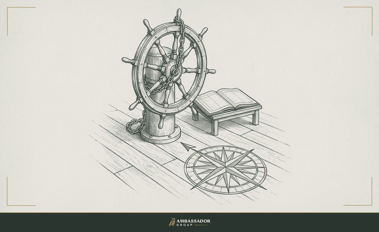 Antique engraving illustration. A ship's wheel chained to its post, a captain's log open beside it, while a compass rose on the deck floor points clearly north.