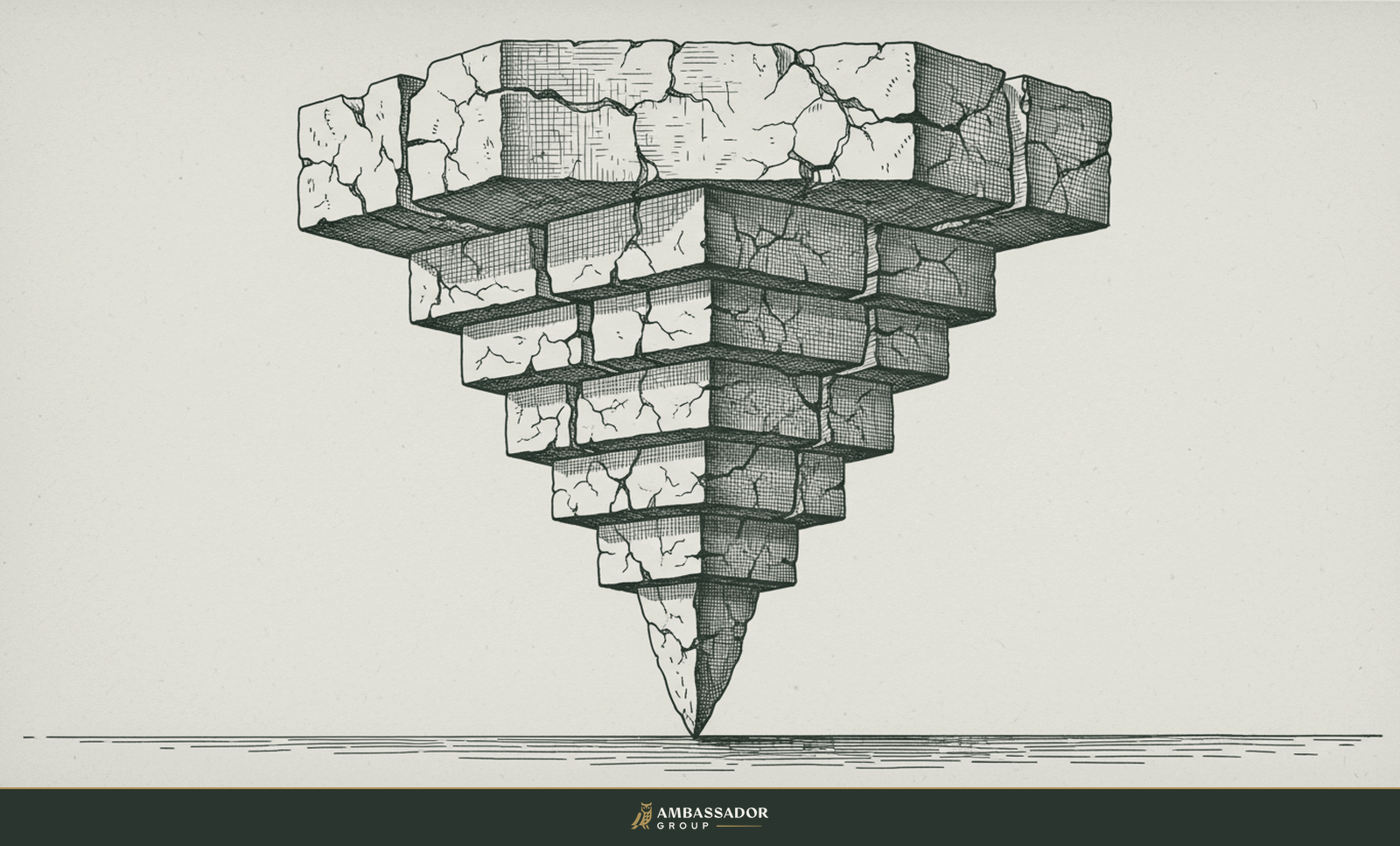 Antique engraving illustration. An inverted pyramid of stacked stone blocks balanced on its single point, the largest block at the top bearing all the weight.