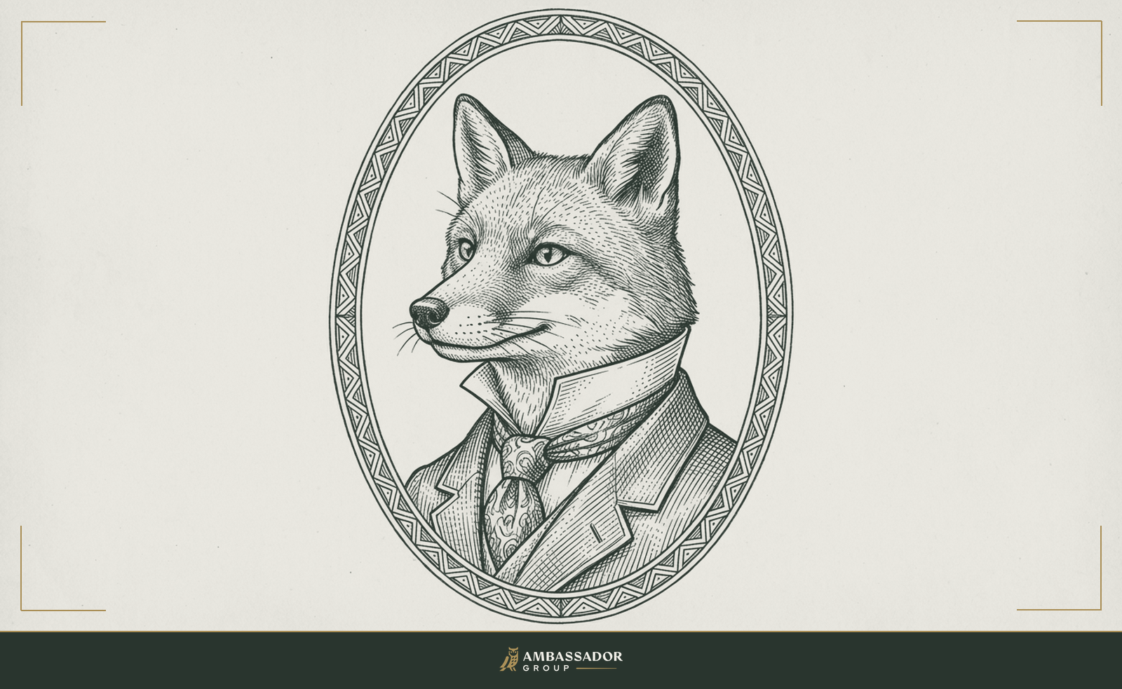 Engraving of a well-dressed fox wearing a business necktie, charming but sly, depicting how some recruiters mislead.