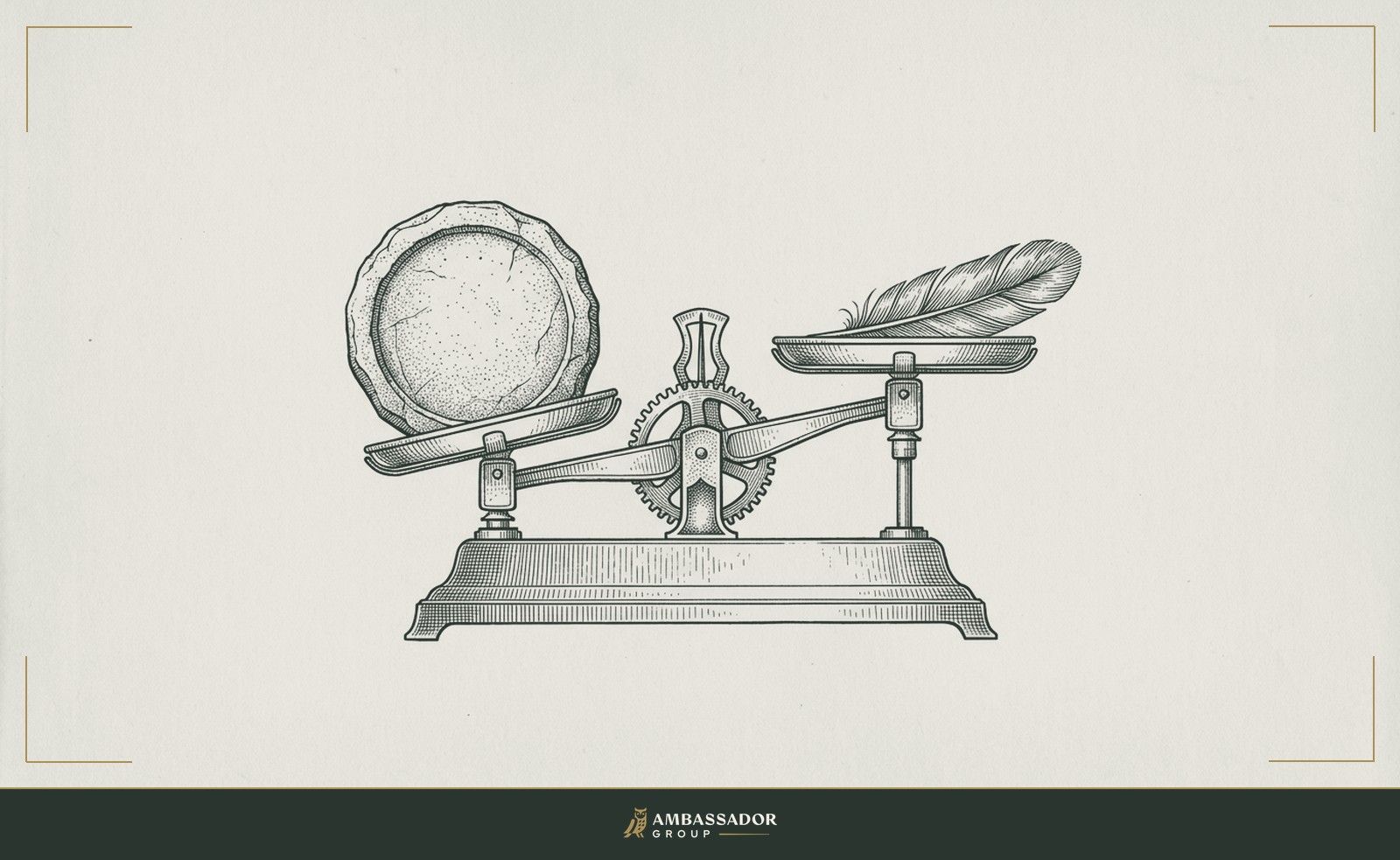 Antique engraving illustration. A scale tipped slightly under the weight of a large stone on one side, a feather resting in the raised pan on the other.