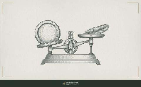 Antique engraving illustration. A scale tipped slightly under the weight of a large stone on one side, a feather resting in the raised pan on the other.