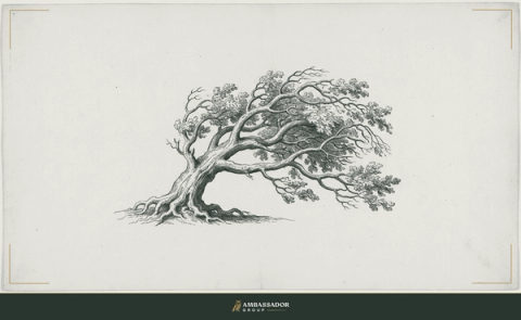 Engraving of a mighty oak bending gracefully in the wind without breaking, depicting the quiet strength of humility.