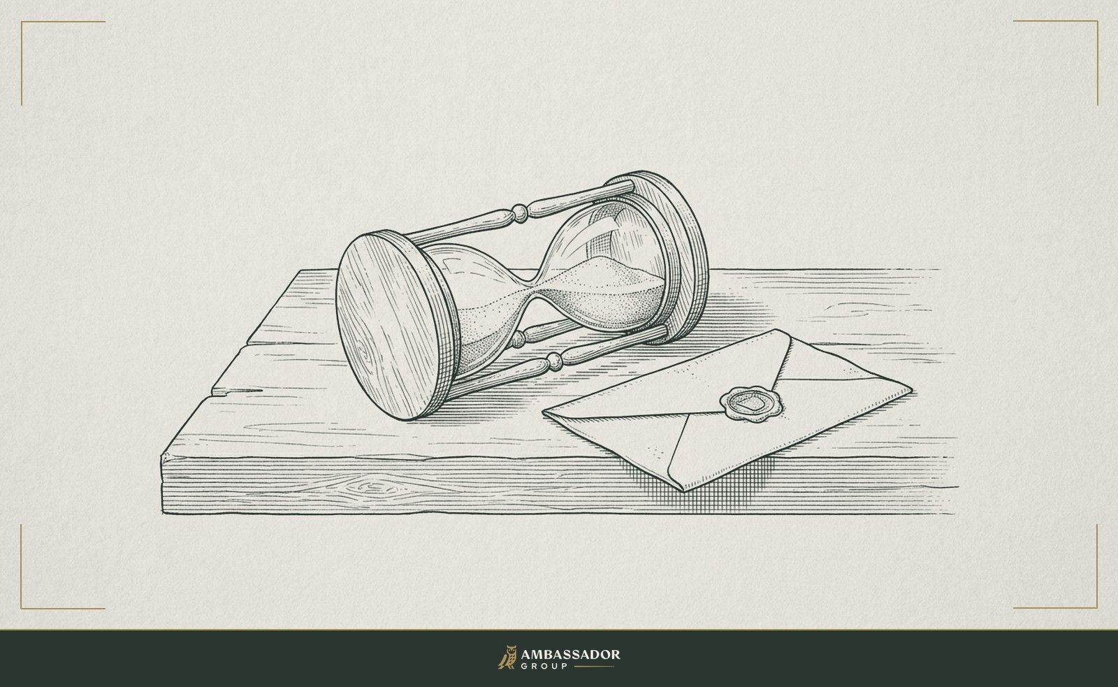 Antique engraving illustration. An hourglass laid on its side, sand suspended mid-flow, beside an unread letter folded and sealed with wax on a timber workbench.