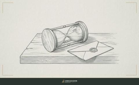 Antique engraving illustration. An hourglass laid on its side, sand suspended mid-flow, beside an unread letter folded and sealed with wax on a timber workbench.