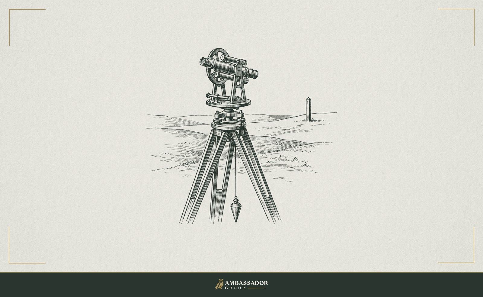 Antique engraving illustration. A surveyor's transit on a tripod aimed at a distant stake, crosshairs aligned, the plumb bob hanging perfectly still below, precision instrument against an open landscape.