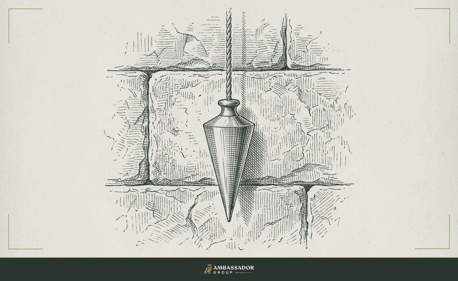 Antique engraving illustration. A plumb bob hanging perfectly still at the end of its cord against a rough-cut stone wall, the only instrument that cannot lie about what is truly vertical.