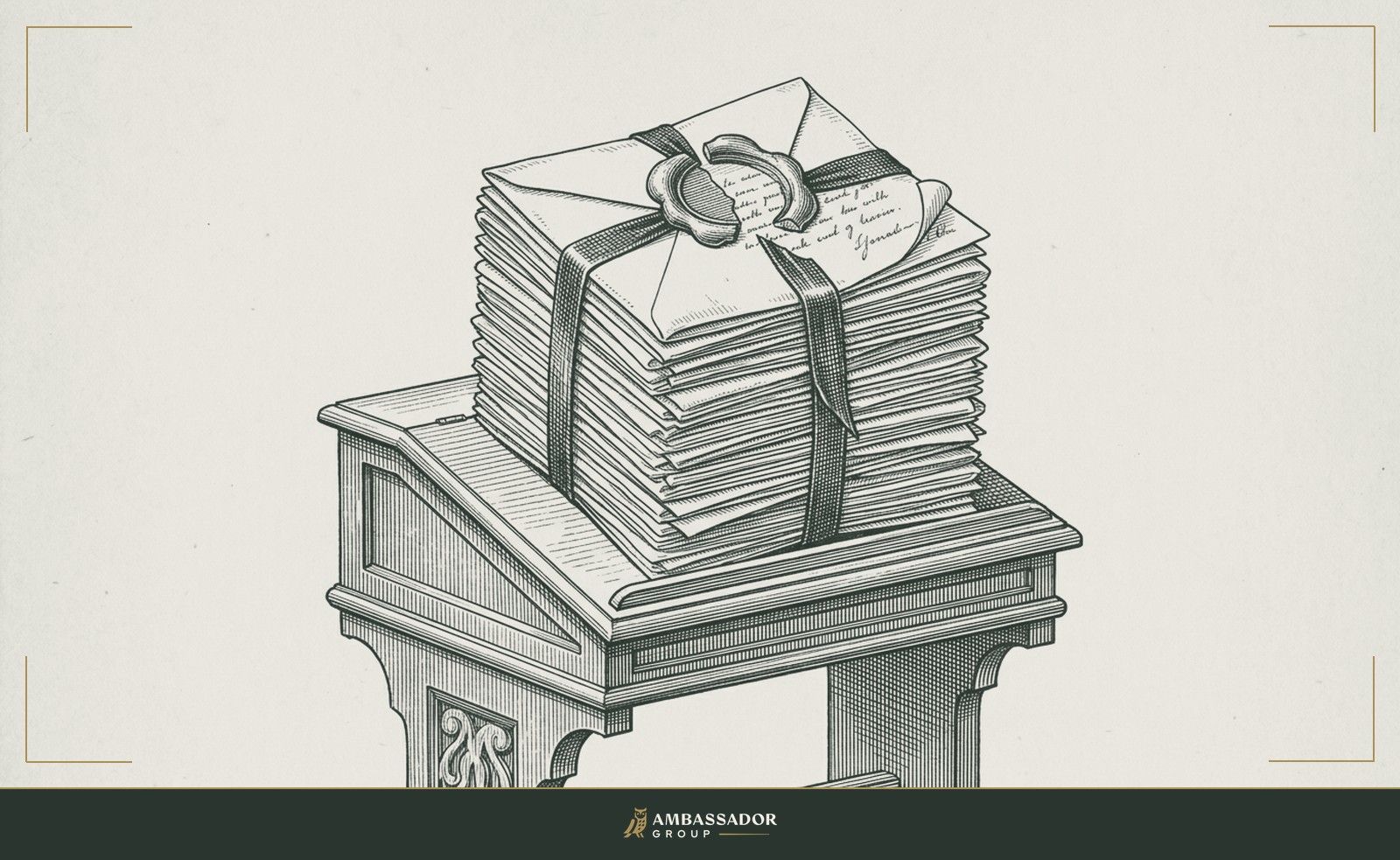 Antique engraving illustration. A string of sealed letters bound with a ribbon, stacked tall on a reading desk, a single wax seal broken open at the top to reveal the first page.