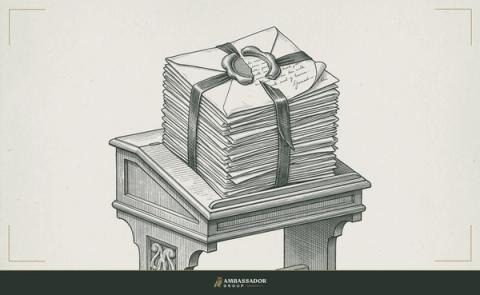 Antique engraving illustration. A string of sealed letters bound with a ribbon, stacked tall on a reading desk, a single wax seal broken open at the top to reveal the first page.