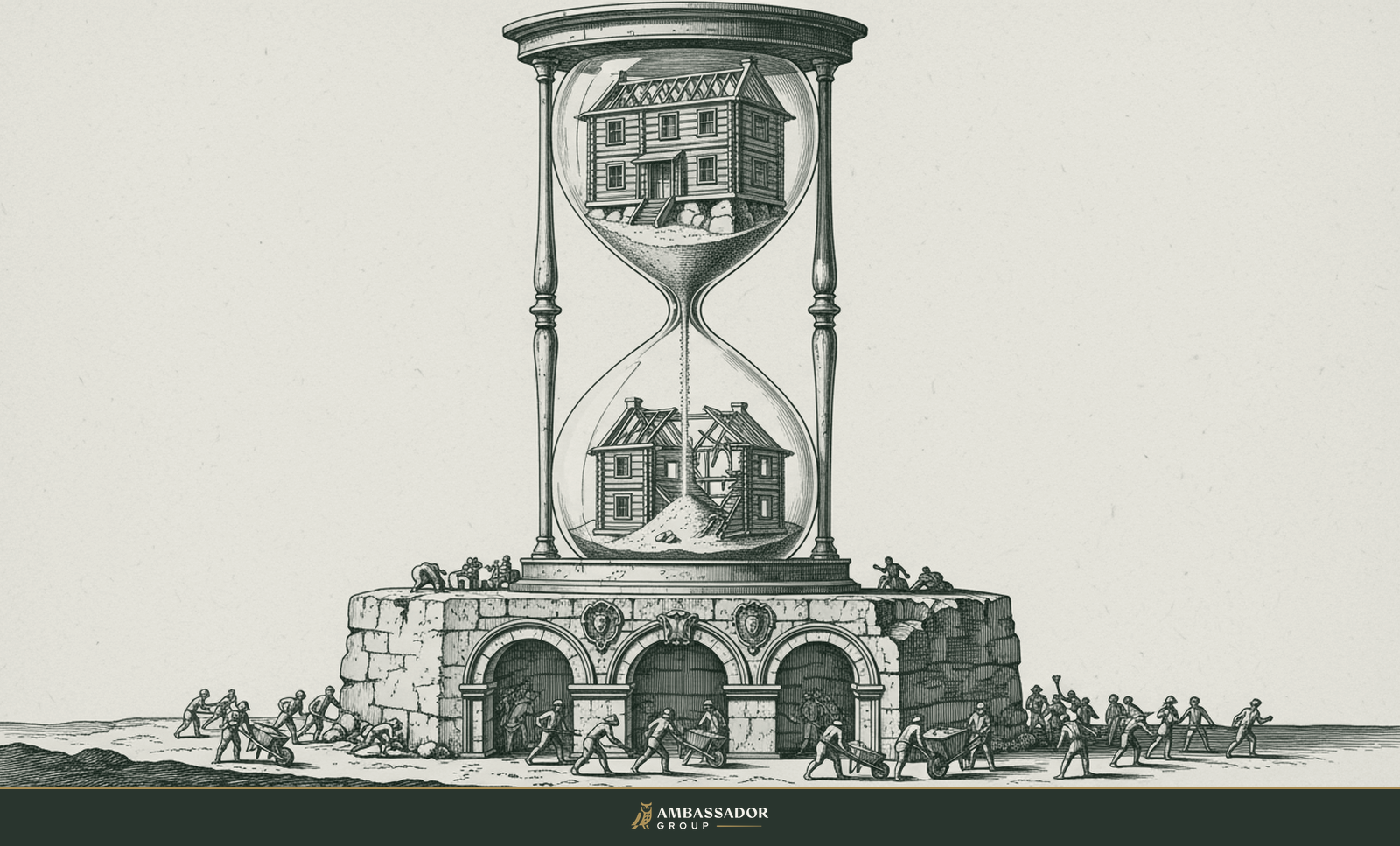 Engraving of a monumental hourglass: a well-built house frame in the upper chamber pouring into a collapsing frame below, hurried figures around the base.