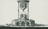 Engraving of a monumental hourglass: a well-built house frame in the upper chamber pouring into a collapsing frame below, hurried figures around the base.