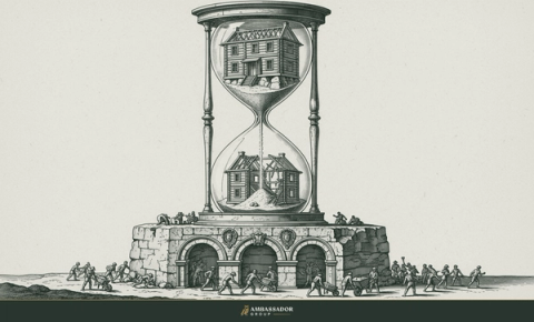 Engraving of a monumental hourglass: a well-built house frame in the upper chamber pouring into a collapsing frame below, hurried figures around the base.