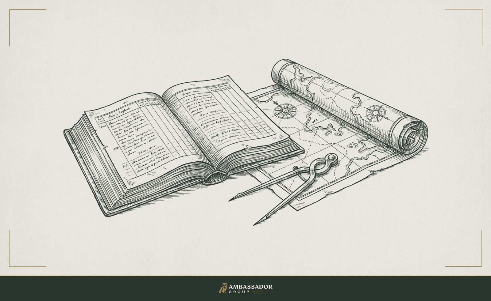 Antique engraving illustration. A ship's logbook open to a long passage of carefully recorded daily entries, a brass divider measuring the distance traveled across a nautical chart beside it.