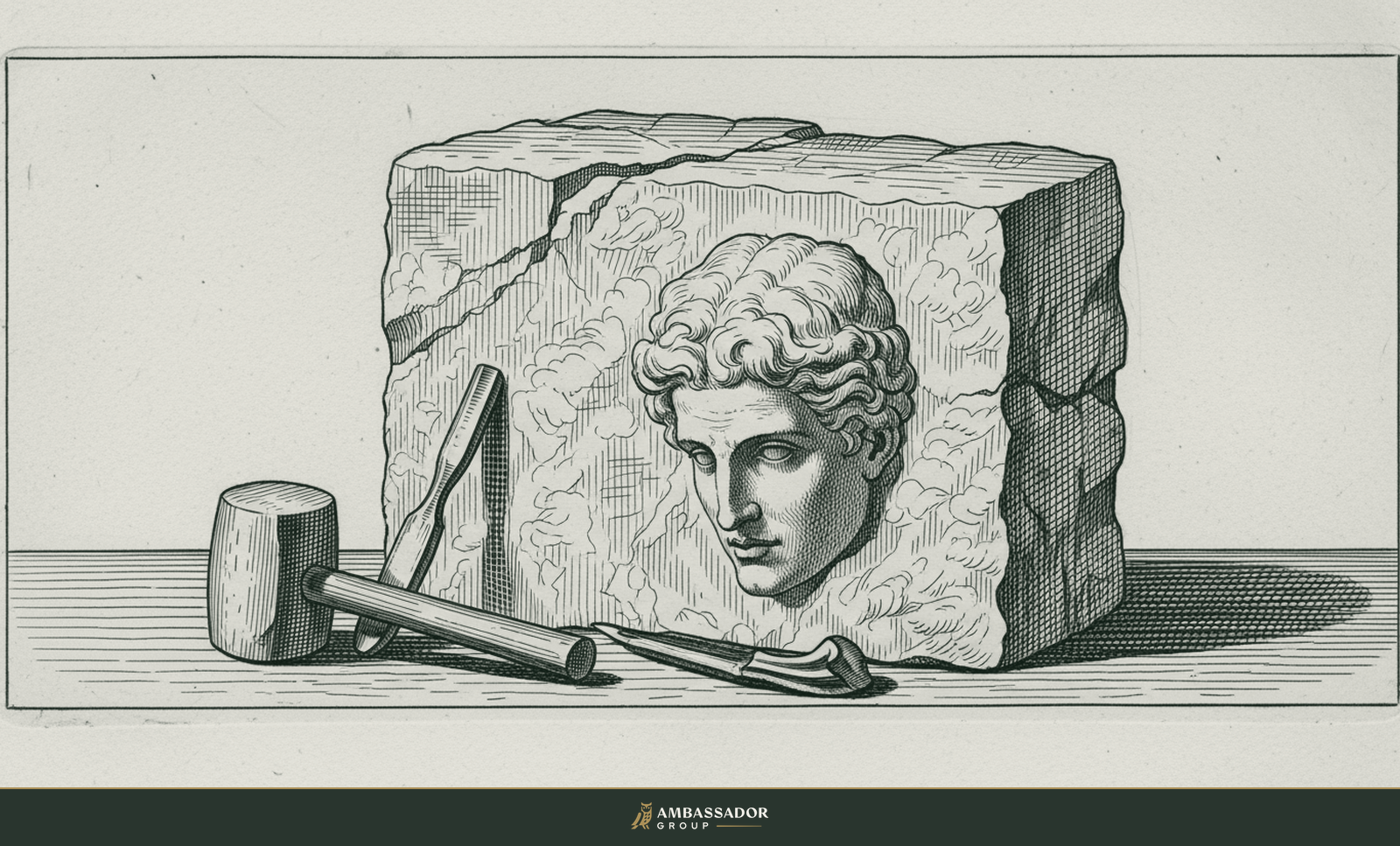 Antique engraving illustration. A sculptor's mallet and chisel resting against a rough marble block from which a refined human figure is half-emerged.