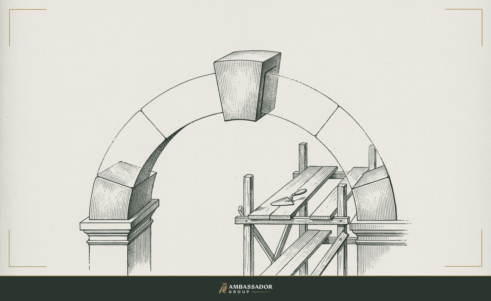 Antique engraving illustration. A keystone suspended mid-arch without the surrounding voussoirs placed yet, hovering above a gap, the mortar trowel resting untouched on the scaffold beside it.