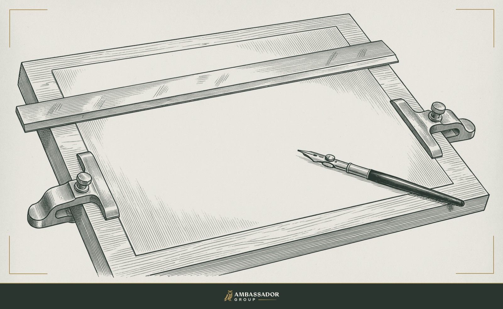 Antique engraving illustration. A blank sheet of drafting vellum clamped to a board with a drafting pen resting across it.