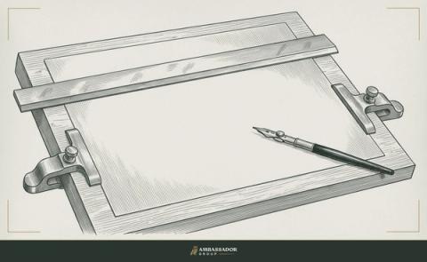 Antique engraving illustration. A blank sheet of drafting vellum clamped to a board with a drafting pen resting across it.