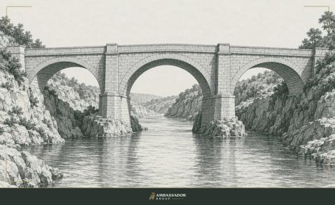 Antique engraving illustration. A three-arched stone bridge spanning a river gorge.