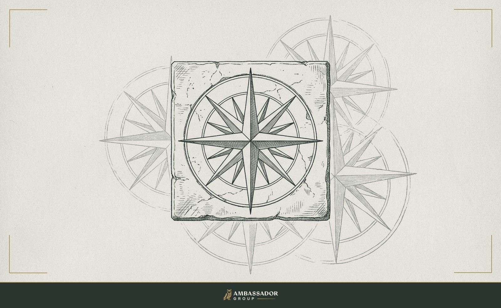 Antique engraving illustration. A compass rose etched into a stone floor tile, its cardinal points sharp and true, surrounded by the faint impressions of other compass roses that were redrawn over time.