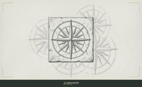 Antique engraving illustration. A compass rose etched into a stone floor tile, its cardinal points sharp and true, surrounded by the faint impressions of other compass roses that were redrawn over time.