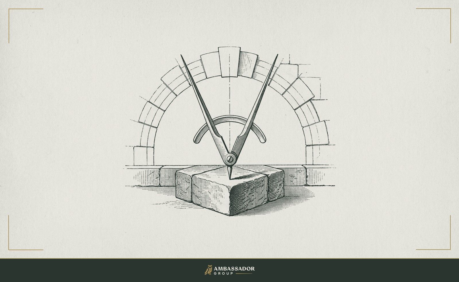 Antique engraving illustration. A master builder's compass driven into a cornerstone block, its arms spanning outward to frame a rising archway above a single solid foundation course.