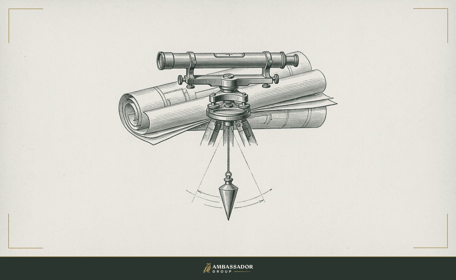 Antique engraving illustration. A surveyor's level resting atop a folded set of technical drawings, plumb bob suspended mid-swing from its brass fitting.