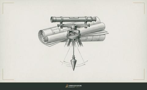 Antique engraving illustration. A surveyor's level resting atop a folded set of technical drawings, plumb bob suspended mid-swing from its brass fitting.