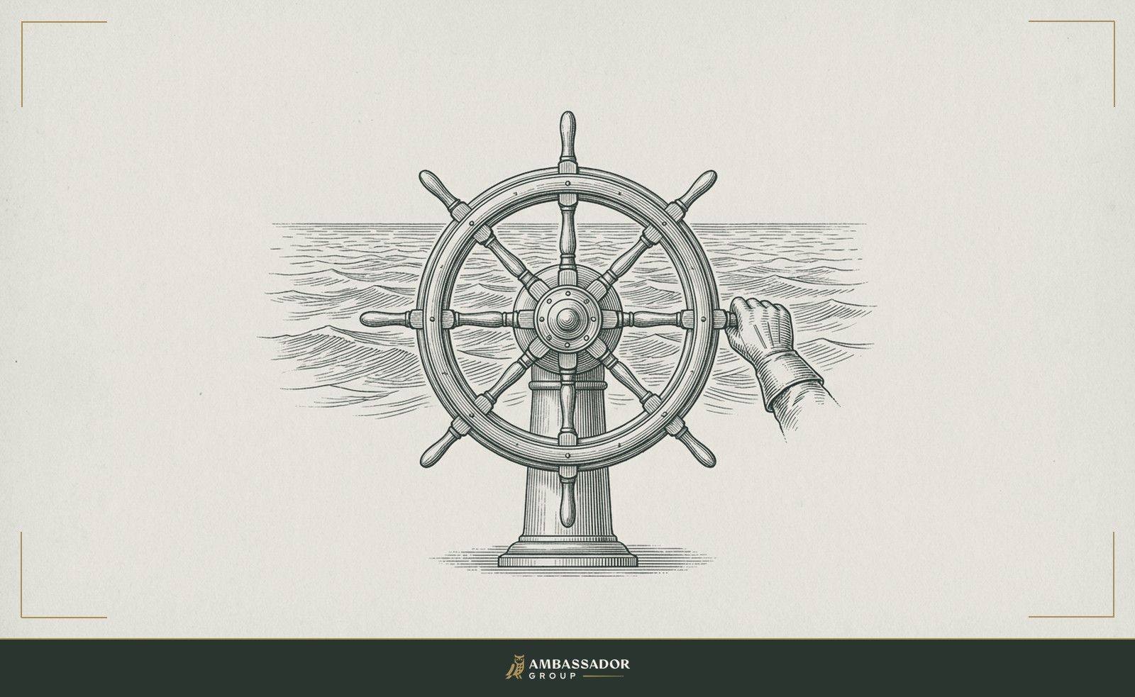 Antique engraving illustration. A ship's wheel mounted at the helm, one gloved hand gripping a spoke, open water ahead.