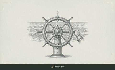 Antique engraving illustration. A ship's wheel mounted at the helm, one gloved hand gripping a spoke, open water ahead.